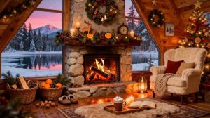 Теплый Новогодний домик с уютным камином и видом на озеро, снегопад и праздничная атмосфера