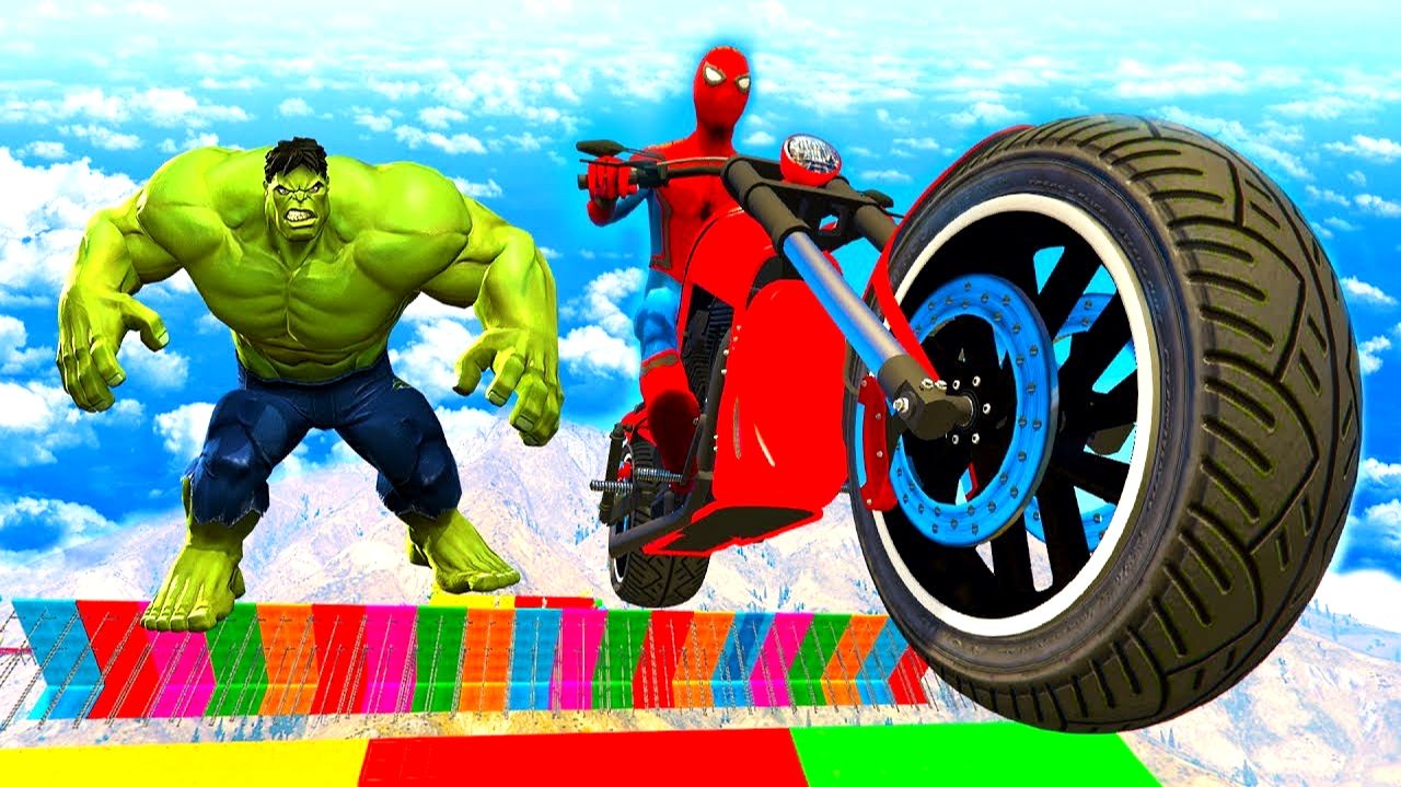 Человек-паук и Супергерои делают трюки через трамплин на Мотоциклах. Мультфильм для детей и малышей.