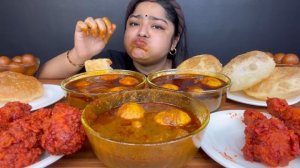 SPICY SPICY EGG CURRY WITH SOFT LUCHI AND SPICY CHICKEN DRUMSTICKS AND GULAB JAMUN _ ASMR MUKBANG