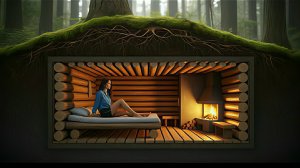 Красивая девушка строит глубокую землянку укрытие в густом лесу. Бушкрафт