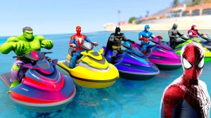 Супергеройский челлендж по прыжкам в воду на гидроцикле с Бэтменом, Человеком-пауком и Халком.