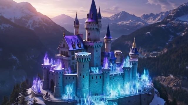Замок в горах, окружённый магическими сияющими
