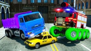 Пожарная машина едет по неровной дороге - Большие колеса