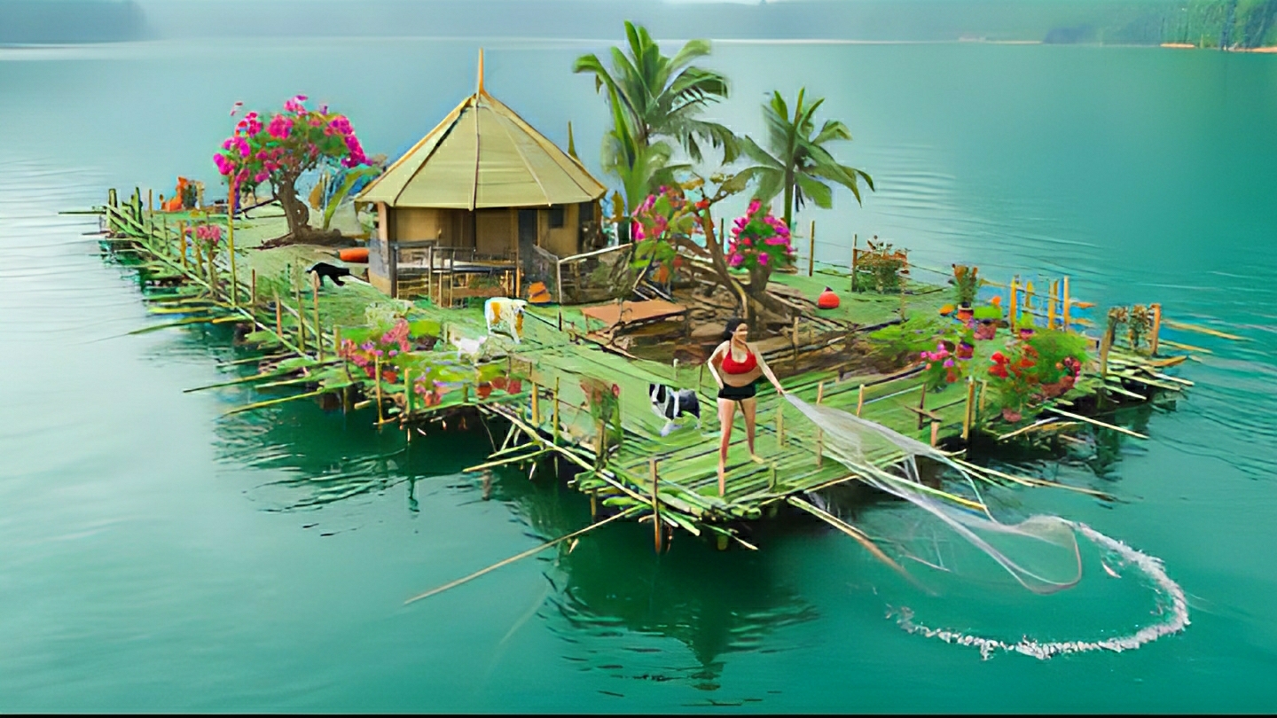 Девушка строит плавучий бамбуковый домик на озере. Бушкрафт