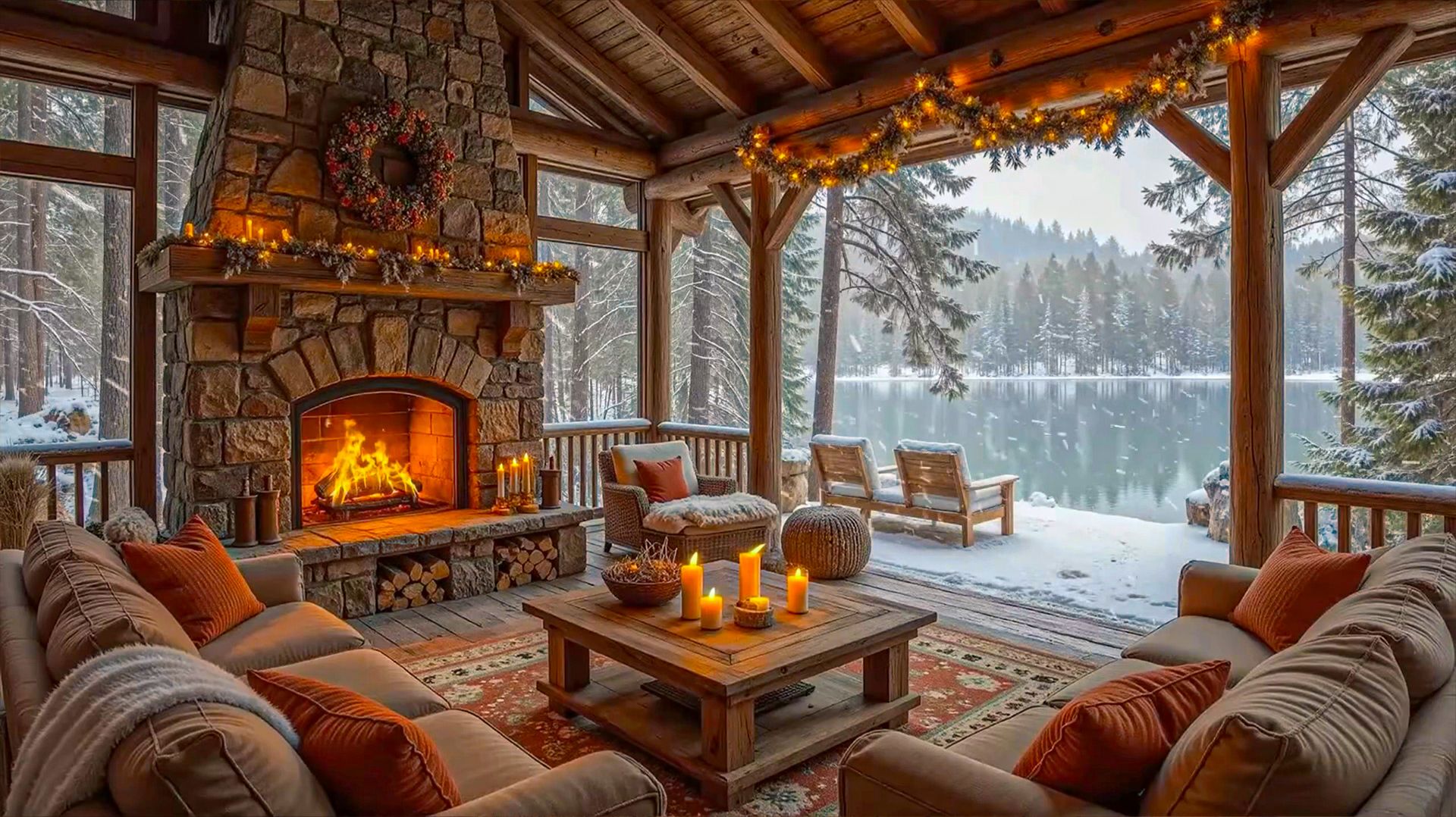 Зимний вечер у камина ❄️🔥 Уютная веранда в лесу и атмосфера тепла смотреть онлайн