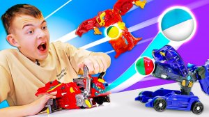 Нашли новые игрушки - трансформируем их и сражаемся со злым роботом! Игры для детей Mecard Ball