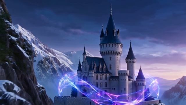 Замок в горах, окружённый магическими сияющими магическими стенами