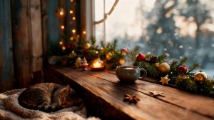 Relax Winter Guitar Jazz • Warm Acoustic Ambience with Cat & Soft Snowfall