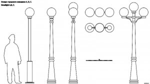 Фонари городского освещения А, В, С. Чертёж.  Streetlight A, B, C. Drawings.