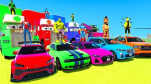 Человек-паук на спортивных машинах Супер гонки на многофункциональной рампе! Гонки на джипах