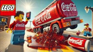 Перегруженный Coca-Cola грузовик LEGO опрокидывается на дороге