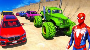 Человек-паук Супер гонки на спортивных машинах Вызов мега мульти рампы Супергерои Гонка на Джипах