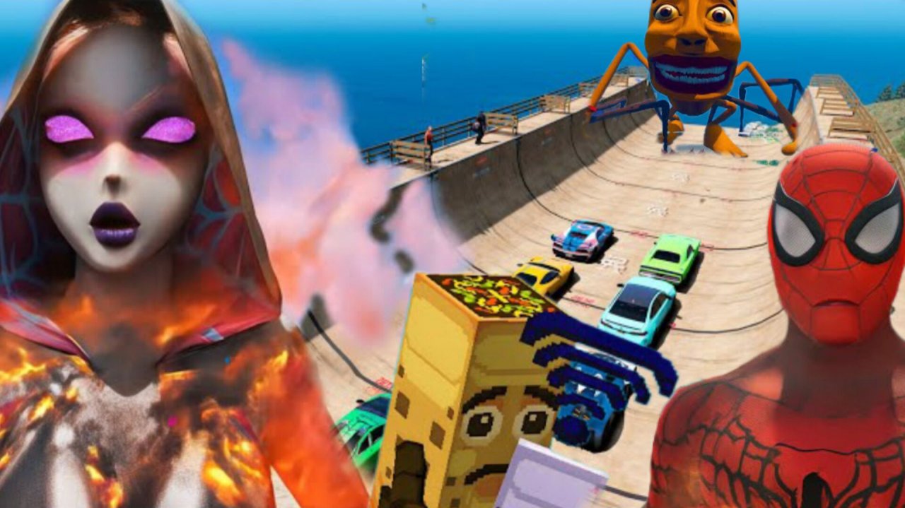 Супергерои на мотоцикле проезжают над водой по мосту в GTA 5