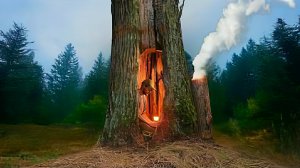 Строю теплое и тайное убежище в стволе старого дуба с глиняной печью. Бушкрафт