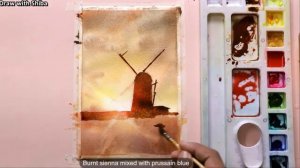 Мастер-класс по рисованию акварелью ветряной мельницы в закатных лучах. Просто.
