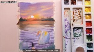 Мастер-класс по рисованию акварелью лебедя на фоне заката у озера — простое исполнение