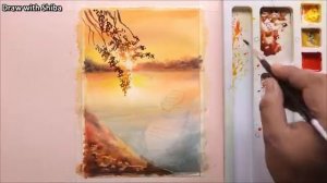 Мастер-класс по рисованию акварелью листья в закатном пейзаже у реки. Просто