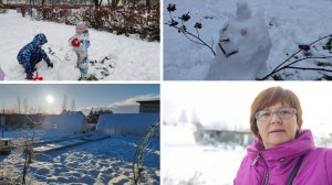 На даче.  Прогулка с внуками по первому снегу.