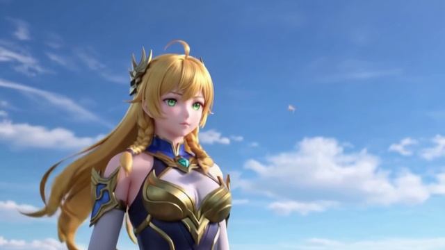 Аниме-персонаж — девушка-воин с золотыми косами и глазами цвета изумруда