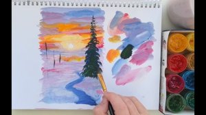 Зимний пейзаж гуашью. Результат потрясающий. Сама влюбилась в эту картинку.