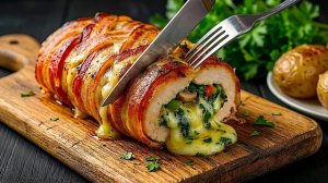 УДИВИТЕ своих гостей ЗА НОВОГОДНИМ СТОЛОМ! Сочный ФАРШИРОВАННЫЙ КУРИНЫЙ РУЛЕТ В БЕКОНЕ.