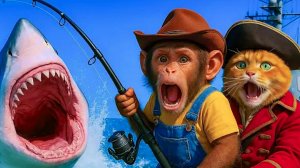 Мультики для детей, обезьянка и котик на рыбалке, мультфильм/мультики