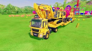 МУЛЬТИКИ ПРО ГРУЗОВИКИ. БОЛЬШОЙ АВТОВОЗ ВЕЗЕТ ЭКСКАВАТОР, БЕТОНОМЕШАЛКУ И ФУРГОН.