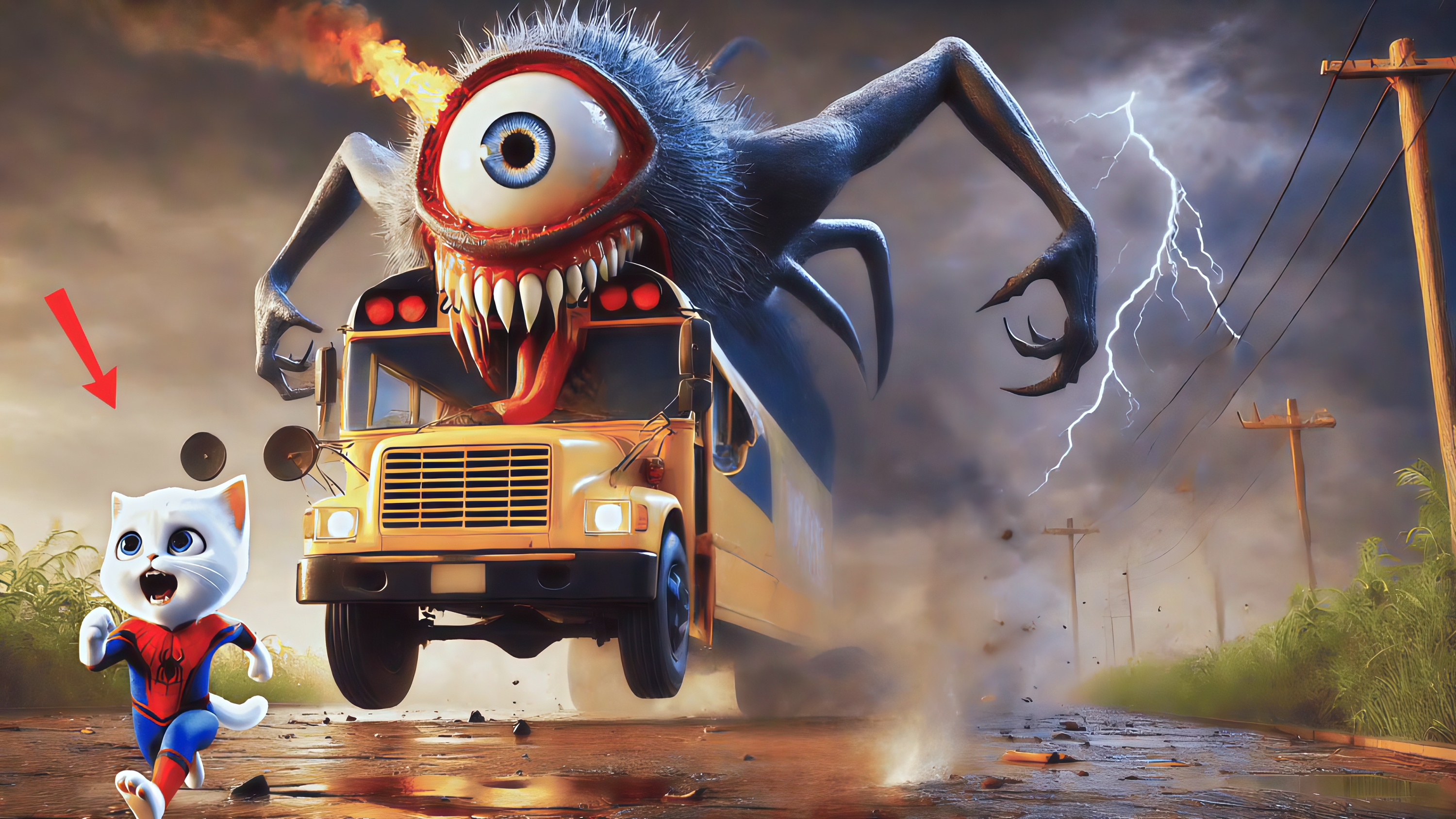Котёнок Спайдермен против жуткого автобуса мутанта.