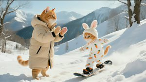 Милый рыжий котенок отправляется в поход и катается на лыжах по заснеженным горам с мамой-кошкой