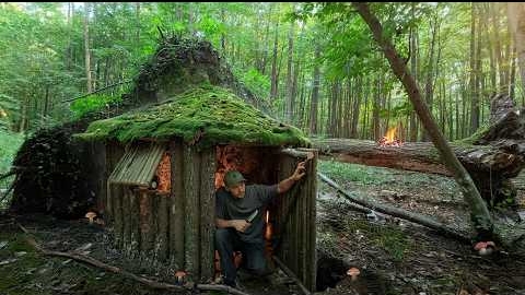 Построил хижину под упавшим деревом. Выживание и бушкрафт