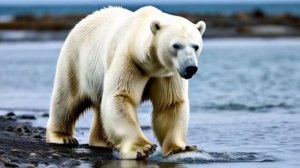 красивый белый медведь ловит лапами рыбу на берегу моря