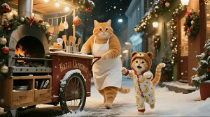 Рыжий котенок и Мама-кошка встают пораньше, чтобы продать жареную картошку и сохранить ее на зиму