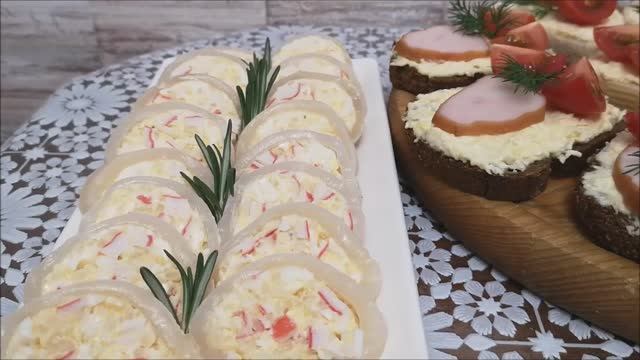 Фаршированные КАЛЬМАРЫ салатом. Бутерброды на праздничный стол, Новый Год, новогодний стол смотреть онлайн