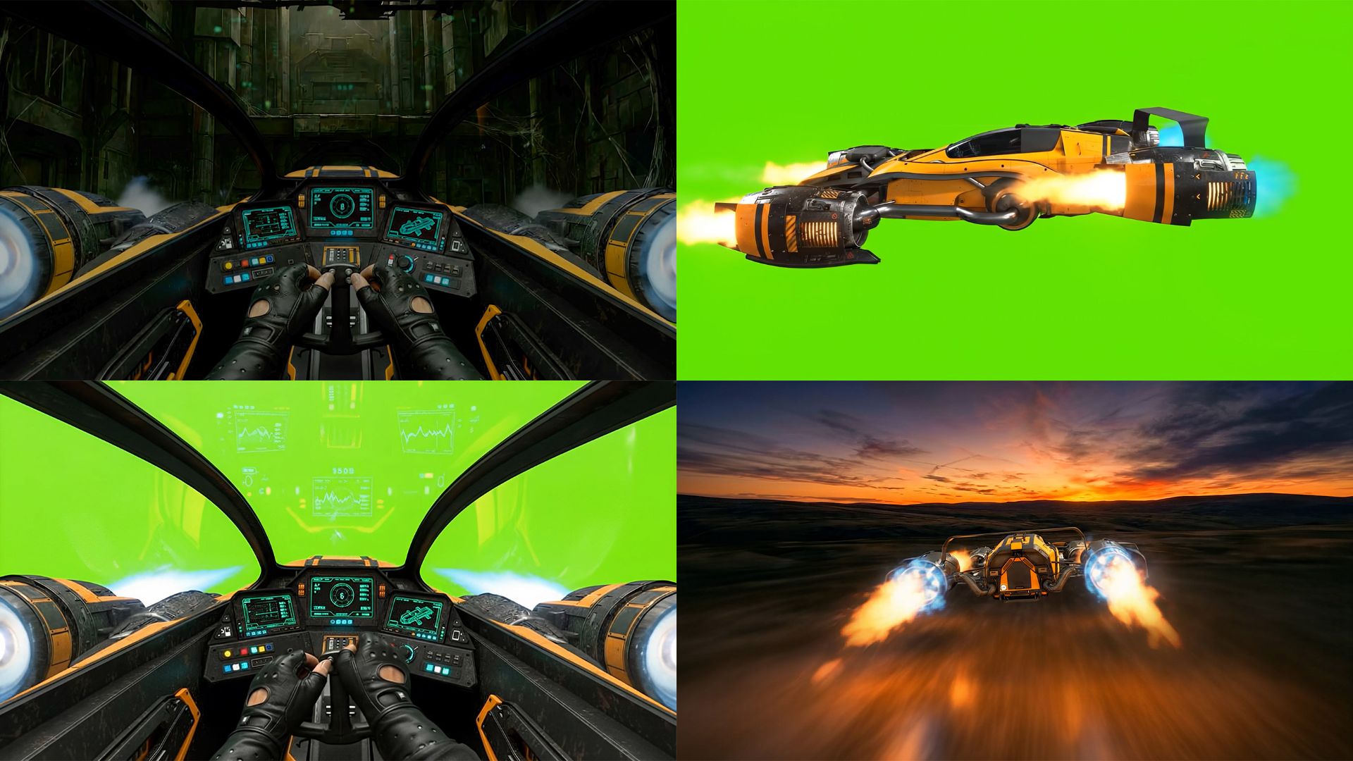 Футаж на зеленом фоне. Летающий байк на зеленом фоне. Ракурсы байка снаружи и внутри. Хромакей. смотреть онлайн