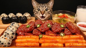 АСМР Милый кот 🍗😻 | АСМР-кот ест корейскую еду – токпокки, острую курицу и рисовые шарики