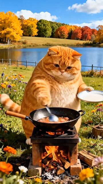 Рыжий котик готовит любимой кошечке завтрак