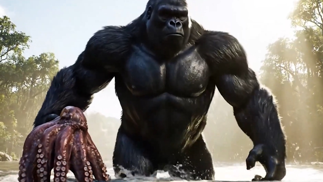 Сражение Кинг Конга с  мутантом леопардом. Искусственный интеллект.
