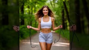 Красивая девушка скачет на скакалке