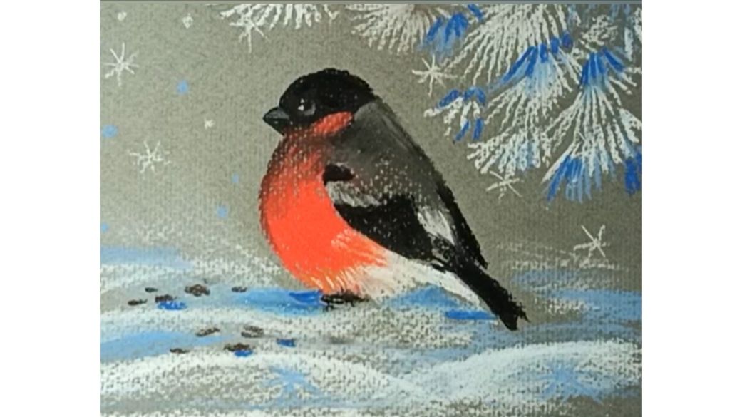 Как просто нарисовать снегиря сухой пастелью на тонированной бумаге. смотреть онлайн