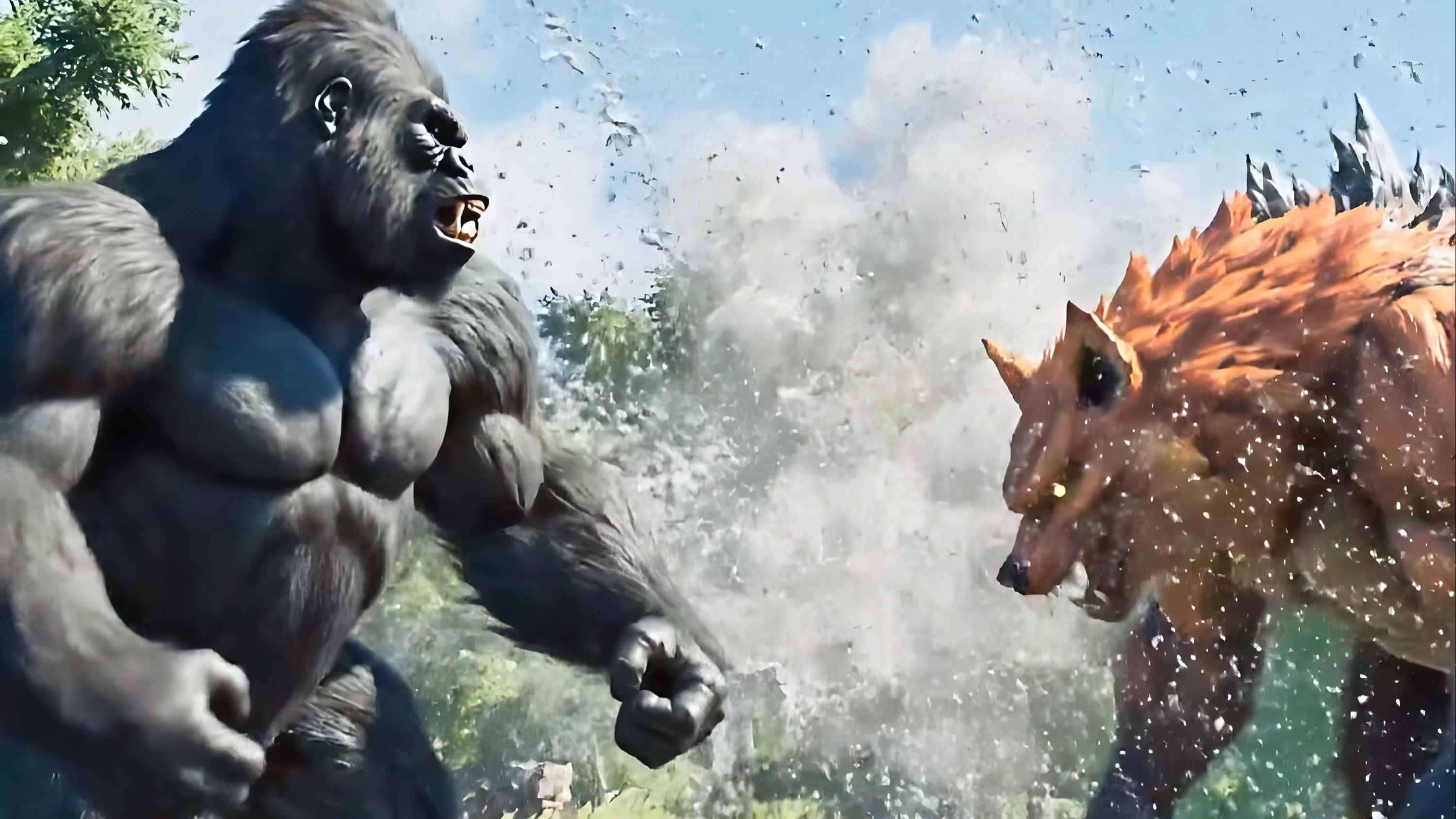 Кинг Конг против гигантской лисицы видео AI.