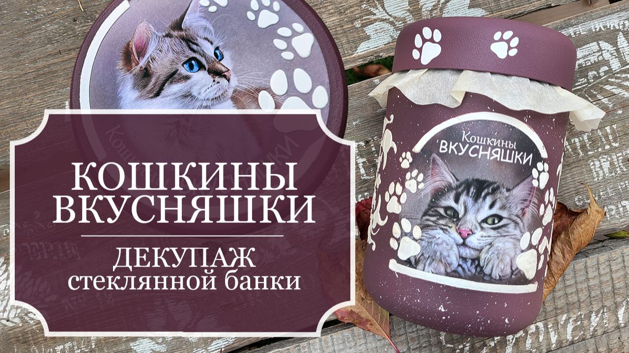 КАК сделать БАНОЧКУ для кошкиных вкусняшек, витаминок, сухого корма - Декупаж стеклянной банки