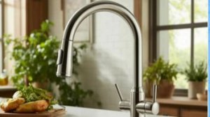 Установка кухонного смесителя  с гибким изливом.