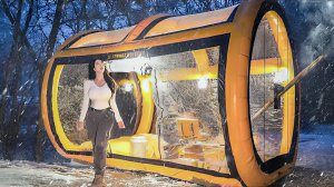 Кемпинг в большой прозрачной палатке в снегопад. Бушкрафт