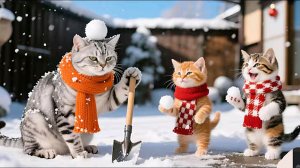 Мультики для детей, котики играют в снежки мультфильмы/мультики