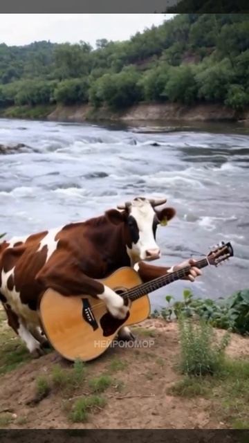 Корова развлекает туристов