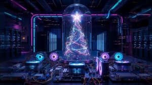 Новогодняя техно‑ёлка в стиле киберпанк в окружении микросхем и видео карт | фон, заставка