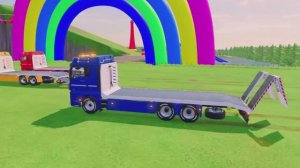 Мультик про строительную технику: автовоз везёт трактора.