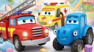 Красная пожарная машина, трактор и машина скорой помощи для детей.