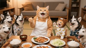 Мама-кошка готовит Тонкацу для друзей Джинджер, ездовых собак из Сноуленда. Все едят и играют