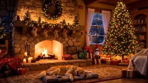🔥 Уютный новогодний камин в зимнем доме | Тёплая атмосфера и спящий пёс у огня